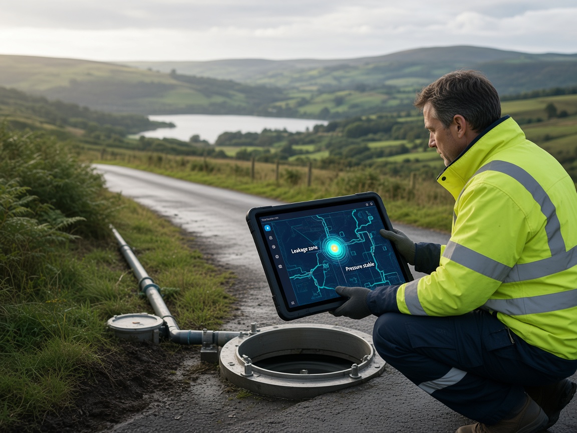Water quality team reviewing river network data on a tablet using Streamline